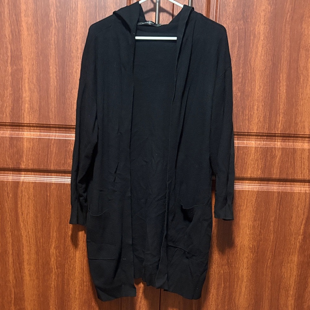 Black Open-Front Hooded Long Cardigan Sweater
